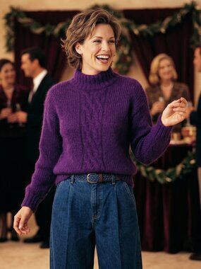 Laurice S Purple Mohair Blend Cable Knit Mock Neck Sweater Archival Retro Preppy
